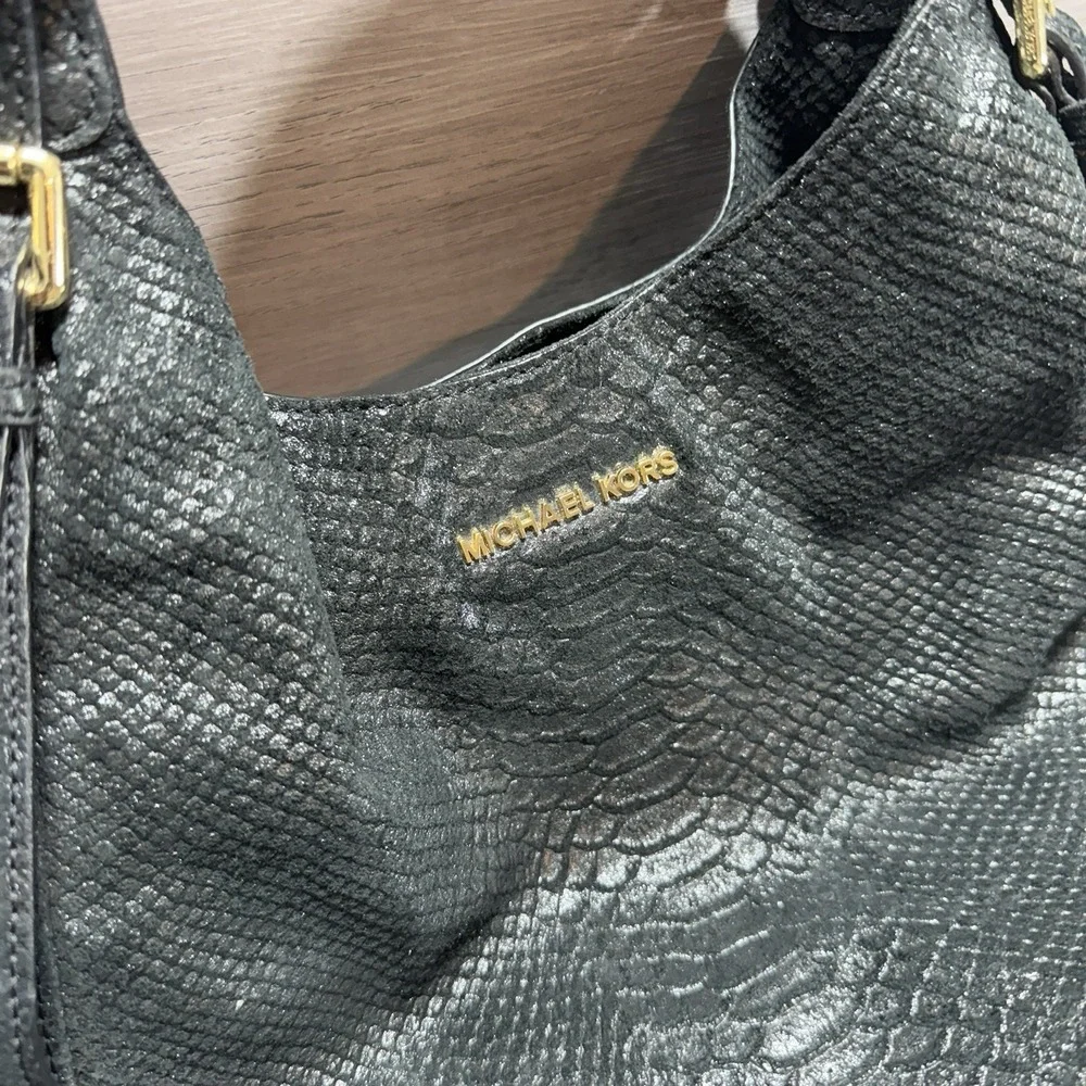 Michael Kors Black Snakeskin Embossed Leather Hobo Shoulder Bag Purse Genuine